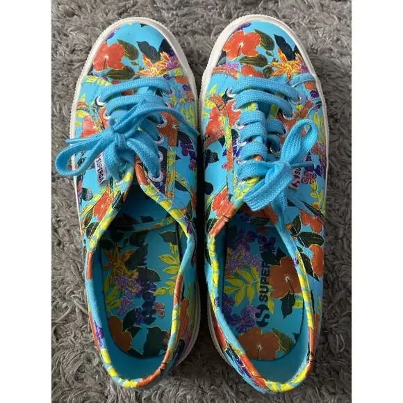 Superga 2750 Blue With Floral Pattern Women’s Shoes Size 8 - Picture 7 of 9